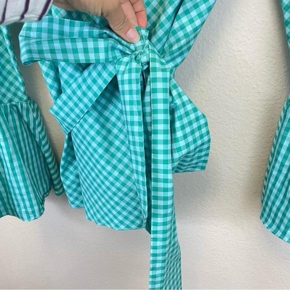 Ann Mashburn Gingham Long Bell Sleeves Wrap Blouse Size XS - Picture 5 of 9